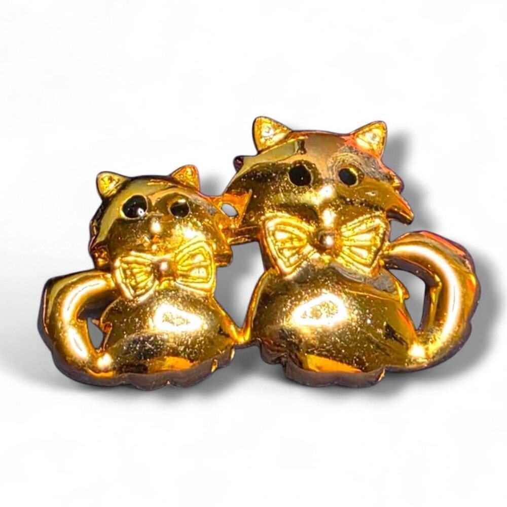 Vintage Gold Tone Twin Cat Brooch | Bow Tie Kitty Pin 99